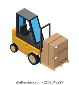 Isometric warehouse forklift carrying stack of cardboard boxes 3d vector illustration