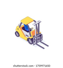 Isometric warehouse forklift loader and vehicle. Truck delivery and transportaion industry vector illustration. Forklifts vehicles trucks isolated on white background. 3d logistric design concept