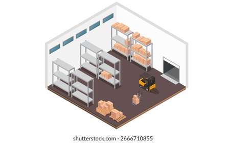 Isometrisches Lager mit Gabelstaplerbediener. Lagerregale teilweise mit Boxen bestückt. Brauner Bodenbelag Industrieanlage Innenraum. Logistik Arbeitsplatzkonzept. Vektorgrafik einzeln auf Weiß.