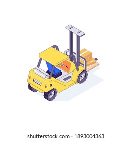 Isometric warehouse forklift pallet box and machine. Truck delivery and transportaion industry vector illustration. Forklifts pallets boxes isolated on white background. 3d trucks cargo design concept