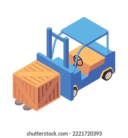 Isometric warehouse forklift with wooden box 3d vector illustration