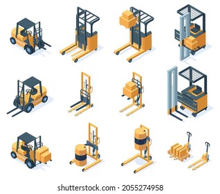 Isometric warehouse hydraulic cargo forklift trucks. Storage equipment, machinery transportation forklifts trucks vector illustration set. Warehouse lifting fork trucks. Forklift and freight cargo