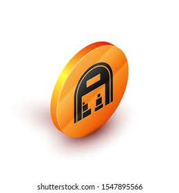 Isometric Warehouse icon isolated on white background. Orange circle button. Vector Illustration