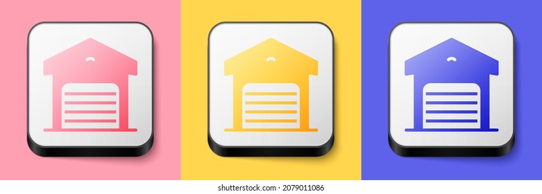 Isometric Warehouse icono aislado en fondo rosa, amarillo y azul. Botón cuadrado. Vector