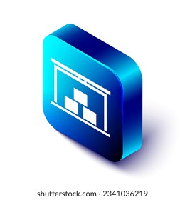 Isometric Warehouse icono aislado en fondo blanco. Botón cuadrado azul. Ilustración vectorial