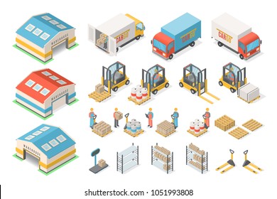 Isometric Warehouse Icon Set, Scheme, Logistic Concept. Vector Illustration