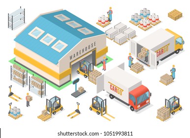 Isometric warehouse icon set, scheme, logistic concept. Vector illustration