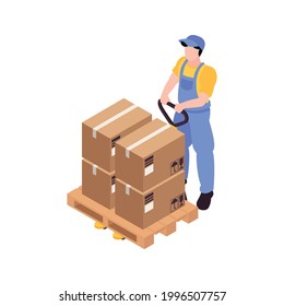 Isometric warehouse icon with worker in uniform carrying boxes on hand pallet truck 3d vector illustration