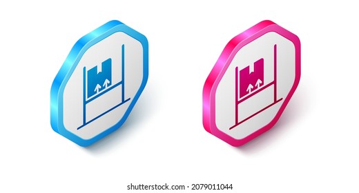 Interior de almacén isométrico con cajas en el icono de racks aislado en fondo blanco. Logística, carga, servicio postal de almacenamiento de paquetes. Botón hexagonal. Vector