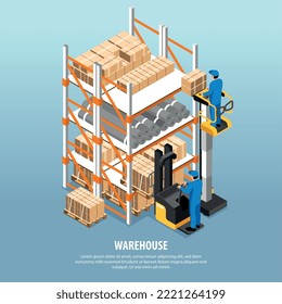 Concepto de interior de almacén isométrico con trabajadores cargando cajas de cartón ilustración vectorial