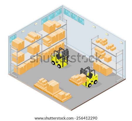 Isometric warehouse Interior with forklift and storage boxes. Isometric warehouse Interior. Distribution Warehouse.