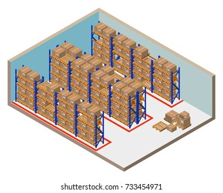 Isometric warehouse interior with four shelves full with boxes on transport palette