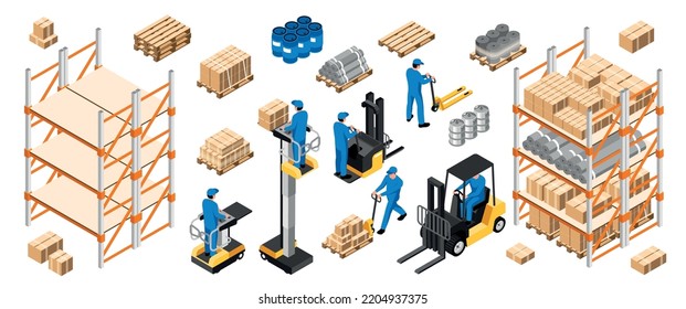 Isometric warehouse interior icons set with workers loading boxes with forklifts isolated vector illustration