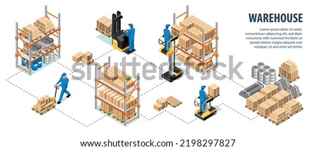 Isometric warehouse interior infographics with stored pallets and workers in uniform vector illustration