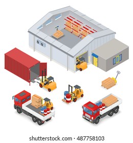 Isometric warehouse interior, inside industrial scales, storage racks. The adjacent area are trucks, forklifts, container and office - vector illustration