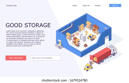 Isometric warehouse invertory storehouse boxes trucks forklifts goods and delivery web template vector illustration. 3d box truck forklift goods and warehousing templates design concept