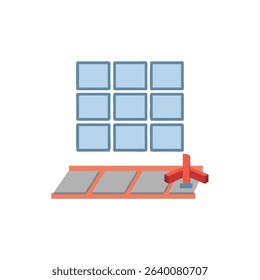 Isometric warehouse layout with storage boxes and conveyor belt