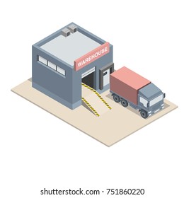 Isometric warehouse with loading dock and truck