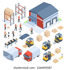 Isometric warehouse logistic. Cargo transport industry, wholesale distribution logistics and distributed pallets. People with package, world truck packaging delivery company 3d isometric vector set