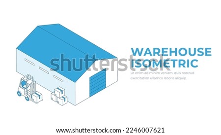 Isometric warehouse logistics delivery. Forklifts with boxes, warehouse management outline vector concept