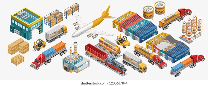 Isometric warehouse and logistics set of freight vessels and vehicles amidst factories and warehouse. Different type isometric warehouse exterior and transport cars.