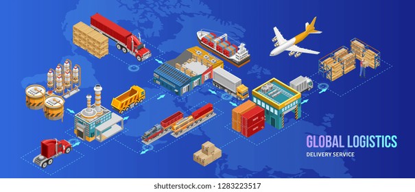 Isometric warehouse and logistics set of freight vessels and vehicles amidst factories and warehouse. Different type warehouse transport — сontainer carrier, dump truck, refrigerator. 
