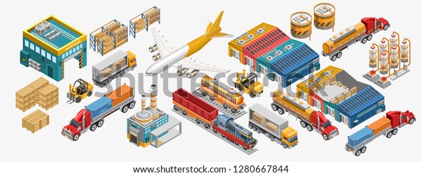Isometric warehouse and\
logistics set of freight vessels and vehicles amidst factories and\
warehouse. Different type isometric warehouse exterior and\
transport cars.