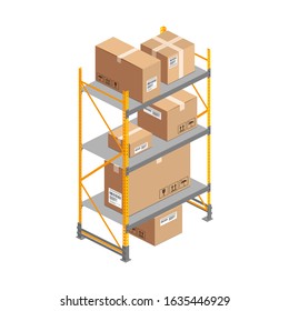 Isometric warehouse metallic rack with cardboard boxes isolated on white. 3d storage equipment vector illustration. Logistic Delivery Service element for web, design, infographics, apps