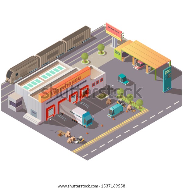 Isometric warehouse and petrol station,\
delivery company shipping service, logistics center with cargo\
trucks loading goods at parking gates, filling cars and train on\
railroad, 3d vector\
illustration