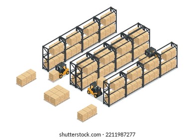 Isometrisches Lager mit Rack- oder Metalllagergehäuse, Boxen auf Paletten, die per Gabelstapler transportiert werden. Sicherheit beim Umgang mit einem Gabelstapler. Industrielle Logistik der Lagerung und des Vertriebs von Produkten