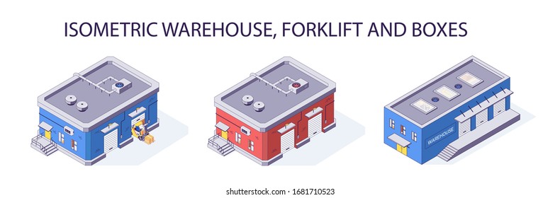 Isometrisches Lagerhaus-Set mit Lagerräumen. Lieferung logistische und Versand Vektorillustration Illustration. Die Schifffahrt von Warenhäusern ist einzeln auf weißem Hintergrund aufgebaut. 3D-Logistikhaus