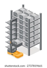 Isometric warehouse storage rack with boxes and automated robotic loader. Vector illustration. Autonomous vertical warehouse robot ACR or CTU for storage and retrieval system.