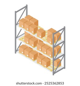 Rack de armazenamento de armazém isométrico com caixas de cartão. Sistema de prateleira industrial com mercadorias embaladas em um armazém. Gerenciamento de Inventário de Depósito.