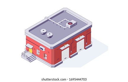 Isometric warehouse storage storehouse building. Delivery shipping logistic depot and interior vector illustration. Ware house shipping build isolated on white background. 3d logistic store house