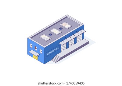 Isometrisches Lagerhaus Lagerhaus. Lieferdepot und interne Vektor-Illustrations-Gehäuse für die Lieferung auf weißem Hintergrund. 3d Logistikhaus