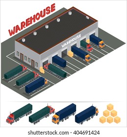 Isometric Warehouse. Storehouse Building. Cargo Industry. Delivery Business Transportation. Commercial Truck. Vector Illustration