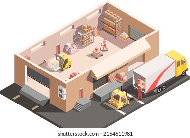 Isometric warehouse, storehouse, indoor, inside interior. Storage building, workers load goods, truck, loader, cargo car. Racks, boxes, shelves. Work logistic, delivery process. Vector illustration