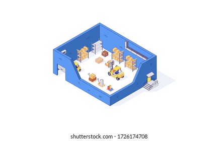 Isometric warehouse storehouse package pallet forklift factory. Delivery transportation goods vector illustration. Boxes forklifts pallets in cargo isolated on white background. 3d logistic depot