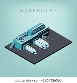 Isometric warehouse with trucks vector illustration