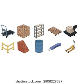 Isometric warehouse vector collection featuring essential heavy receiving and storage equipment including a platform trolley, wooden shipping crate, industrial storage rack, wooden pallet, digital floor scale, warehouse safety guard rail, wheel chock, steel drum, utility knife, and manual pallet jack. Perfect for warehouse receiving, bulk storage, material handling, logistics operations, distribution centers, manufacturing, inventory management, and supply chain illustrations. Isolated on white background.
