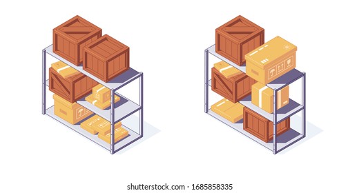 Isometric warehouse wooden and carton boxes pallets and shelf. 3d box pallets shelving racking vector illustration. Ware house pallet box equipment isolated on white background. Flat interior design