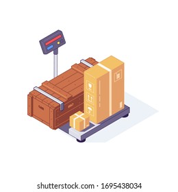 Isometric warehouse wooden and carton boxes freights goods packages on scales. 3d box scale vector illustration. Ware house wood box equipment isolated on white background. Flat concept