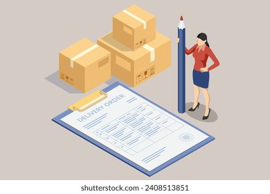 Isometric warehouse worker checking inventory. On-time delivery