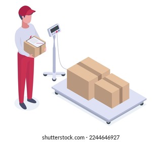 Isometric warehouse worker. Delivery and logistic service worker weighing parcels on storage scales flat vector illustration on white background