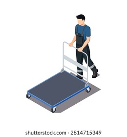 Isometric Warehouse Worker Pushing Platform Cart