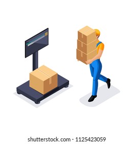 Isometric warehouse worker weighing a package with a parcel, a man in uniform, vector illustration.
