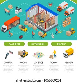 Isometric Warehousing and Distribution Services Concept. Warehouse Storage and Distribution. Ready template for web site or landing page of your company