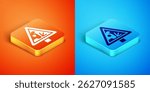 Isometric Warning road sign throwing stone materials icon isolated on orange and blue background. Traffic rules and safe driving.  Vector