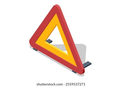 Isometric warning triangle for vehicle emergencies. The reflective red and yellow design is used to signal road hazards, breakdowns, or accidents. Red plastic warning triangle.