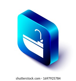 Isometric Washbasin with water tap icon isolated on white background. Blue square button. Vector Illustration
